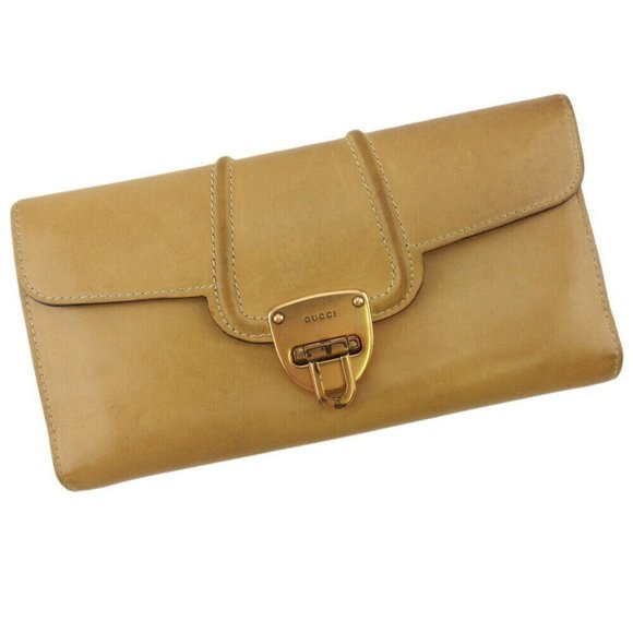 Auth GUCCI long wallet logo plate beige leather